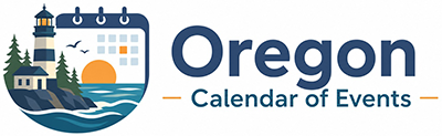 Oregon Calendar of Events logo with lighthouse, sunset over water, trees, and the text 'Oregon Calendar of Events'.
